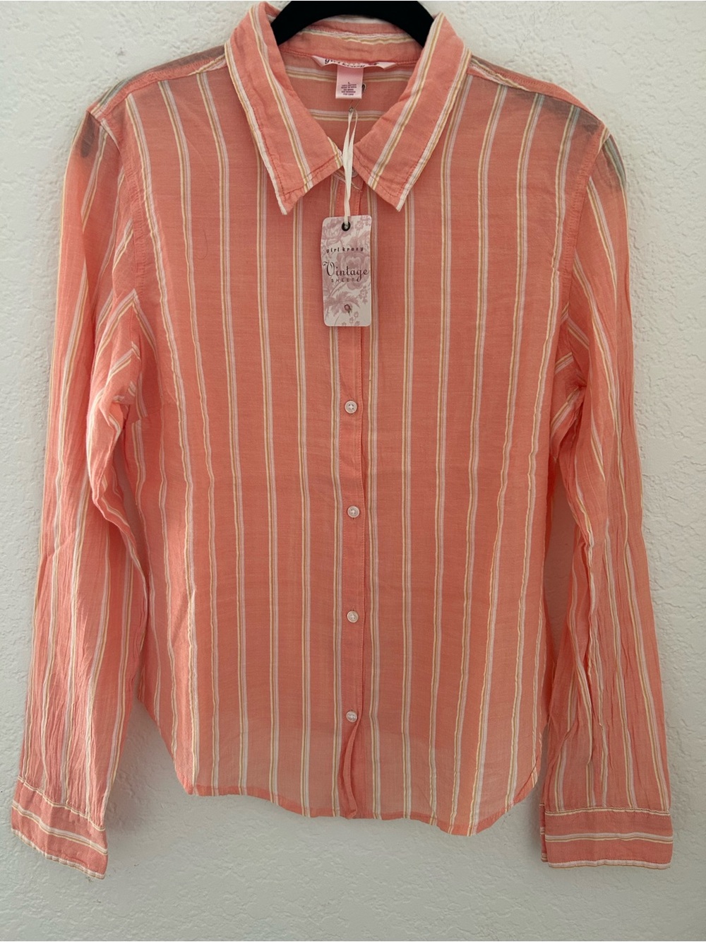 Girl Krazy Vintage Sheer Shirt L Coral Striped 100% Cotton Button Down NWT
